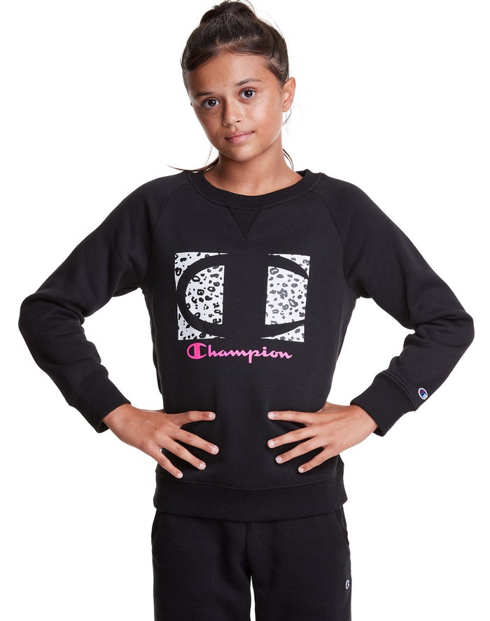 Champion Pige Hættetrøje Sort - Fleece Raglan Crew Leopard Knockout Logo - Danmark NGI-618903